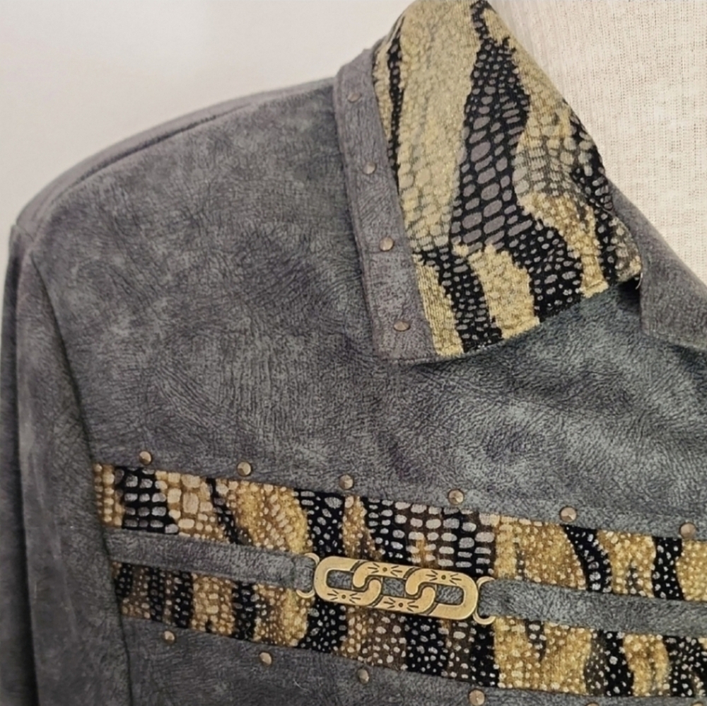 Nancy Bolen Jacket Faux Suede with Animal Print Accents Green Plus Size 14 - Picture 3 of 15
